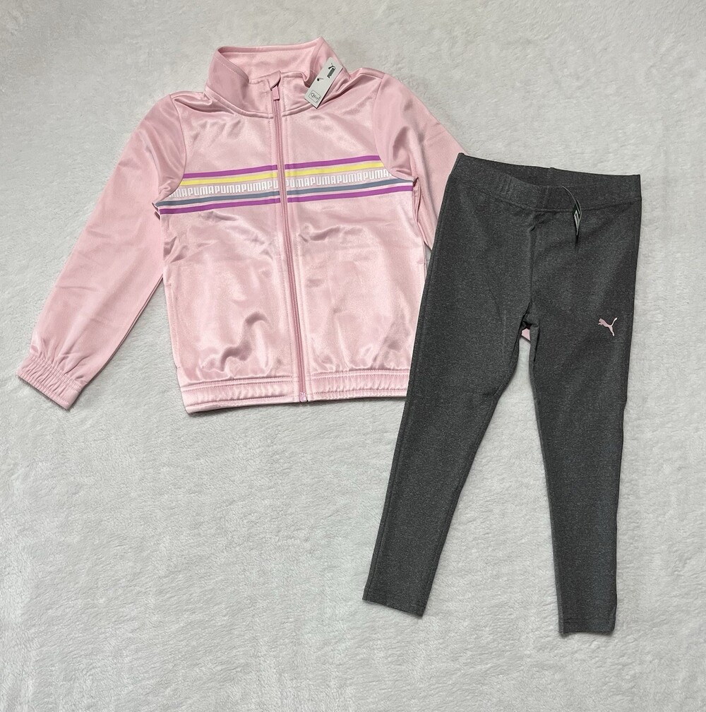 Puma Track Jacket Pants Set Girls 5 Athletic Zip Polyester New 2 Piece Pink Grey